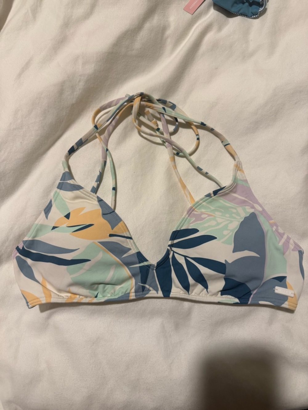 Roxy Pastel Stripe Triangle Bikini Top - White with Blue & Yellow Accents